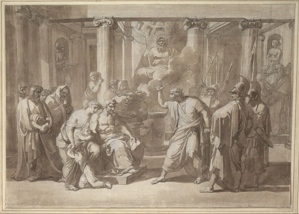 Leonida II, re di Sparta, si precipita verso il fallito Cleombroto, che si è rifugiato nel Tempio di Nettuno con la moglie Chilonide, figlia di Leonida, e i figli
